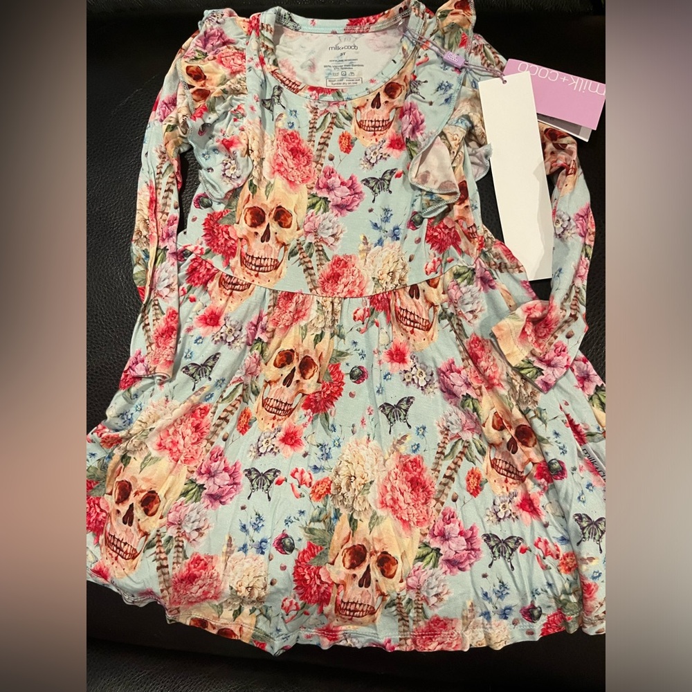 Milk + Coco bamboo 3t skulls and butterflies long sleeve dress
